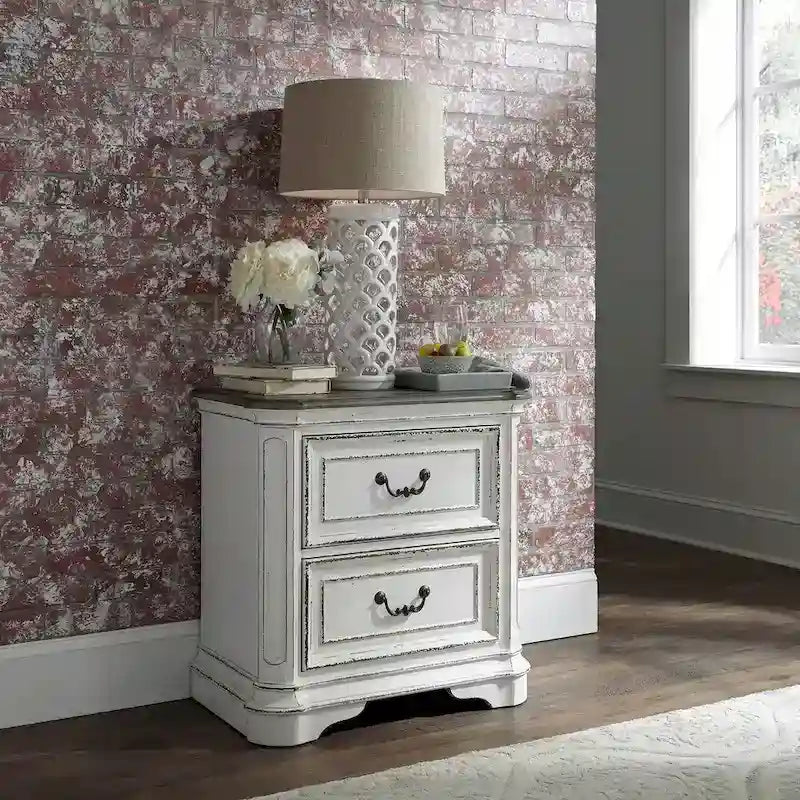 Magnolia Manor Antique White & Weathered Bark Upholstered Sleigh Bed, Dresser and Mirror, and Nightstand Set