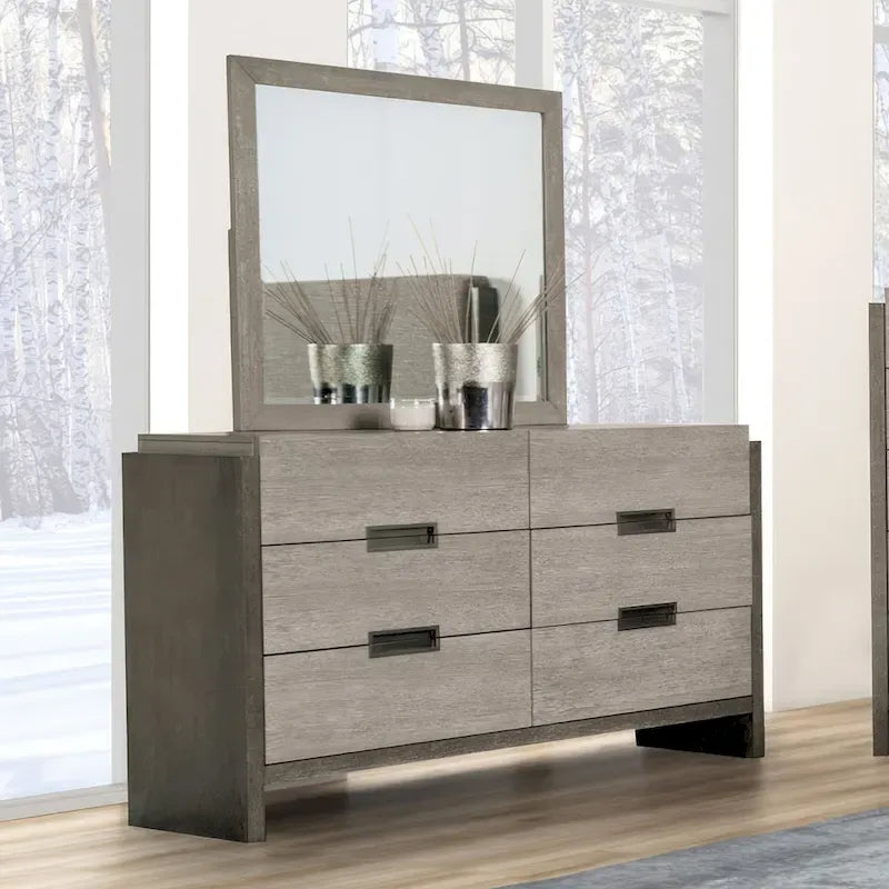 Furniture of America Cruz Contemporary Gray Solid Wood Panel 6-Piece Bed, 2 Nightstand, Chest, Dresser and Mirror Bedroom Set