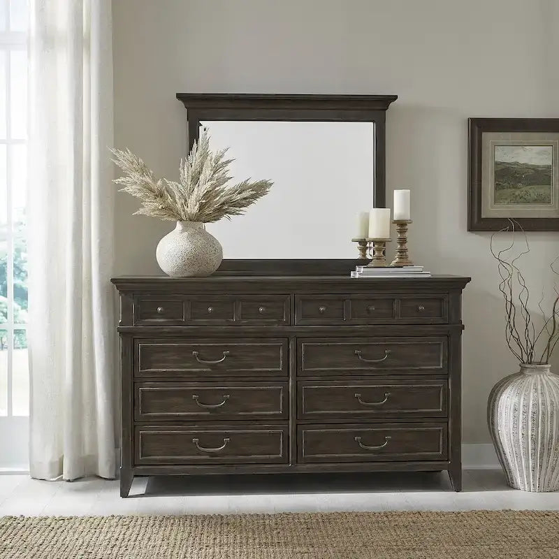 Paradise Valley Saddle Brown Panel Bed, Dresser and Mirror, & Nightstand