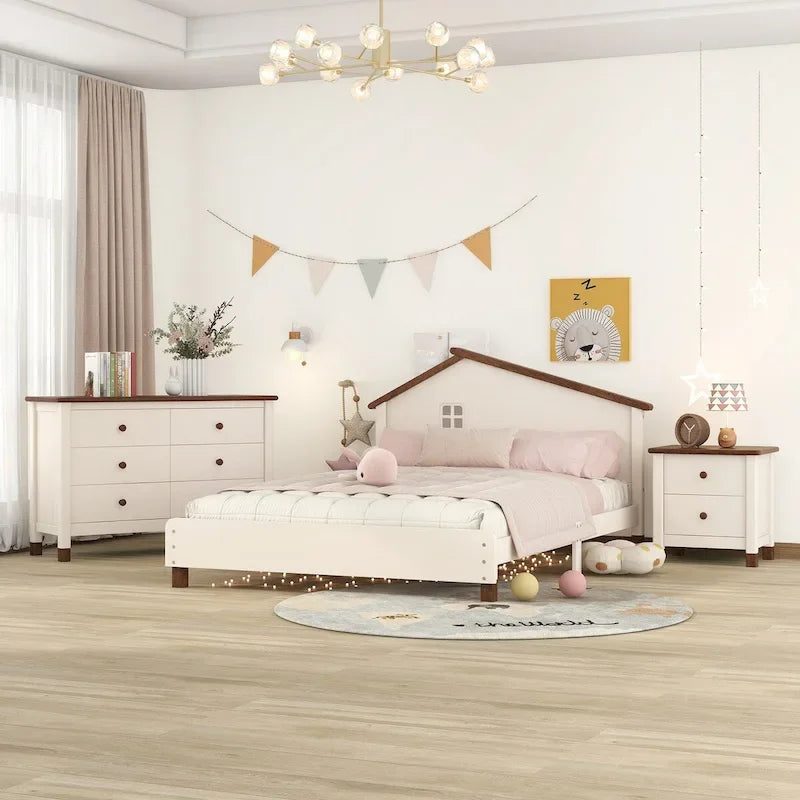 3-Pieces Bedroom Sets Full Size Platform Bed with Nightstand and Storage dresser,White+Gray