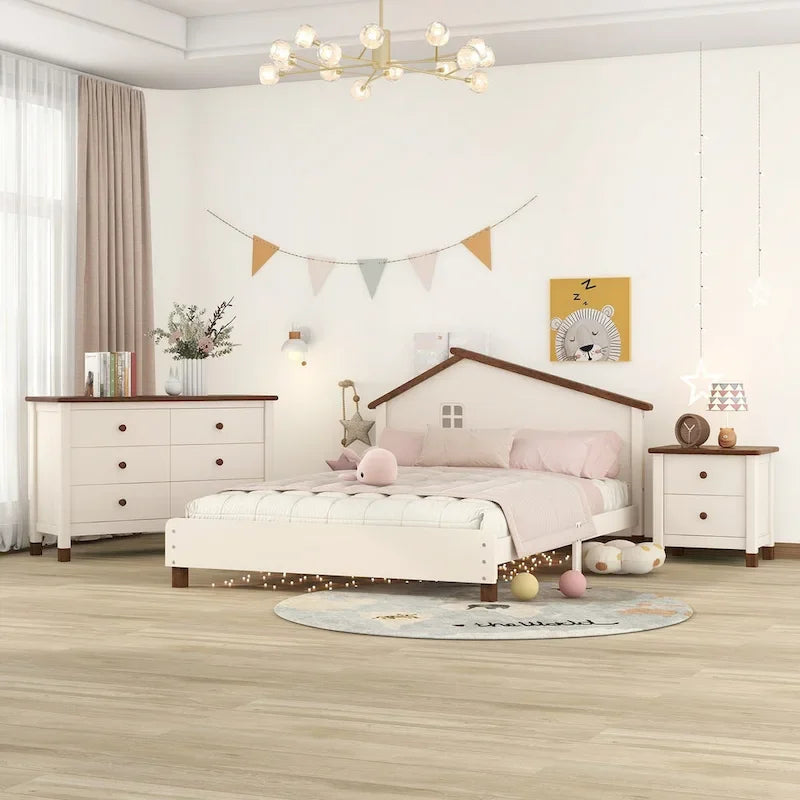 3-Pieces Bedroom Sets Full Size Platform Bed with Nightstand and Storage dresser,White+Gray