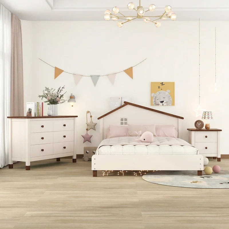3-Pieces Bedroom Sets Full Size Platform Bed with Nightstand and Storage dresser,White+Gray