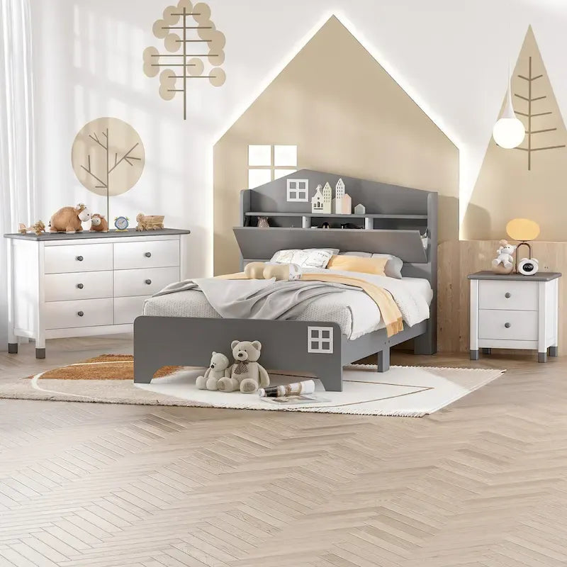 3-Pieces Bedroom Sets Twin Size House Bed with Storage Headboard, Wooden Nightstand and Storage Dresser,Gray