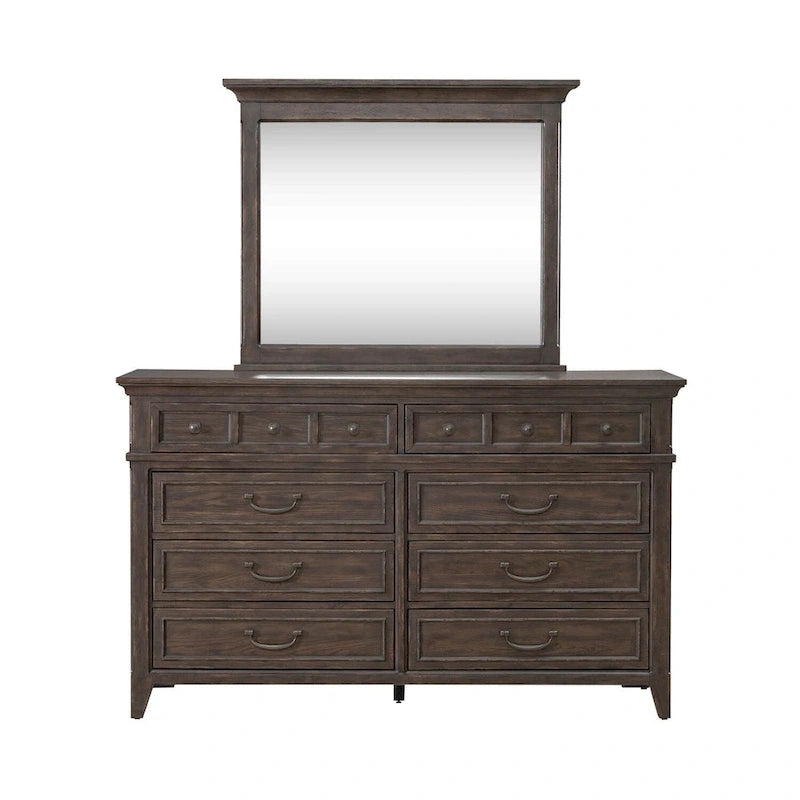 Paradise Valley Saddle Brown Upholstered Bed, Dresser and Mirror Set