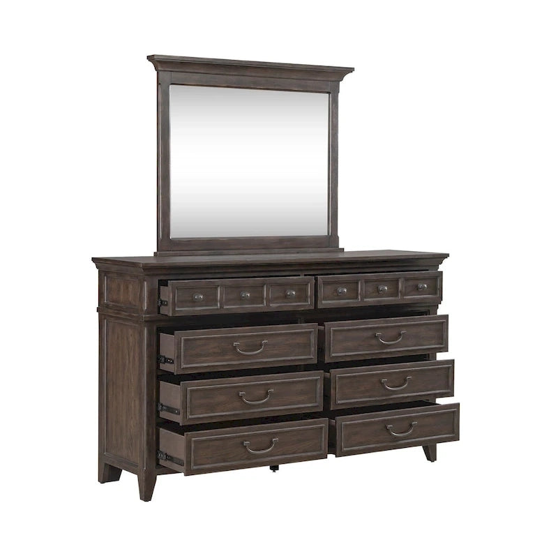 Paradise Valley Saddle Brown Upholstered Bed, Dresser and Mirror Set