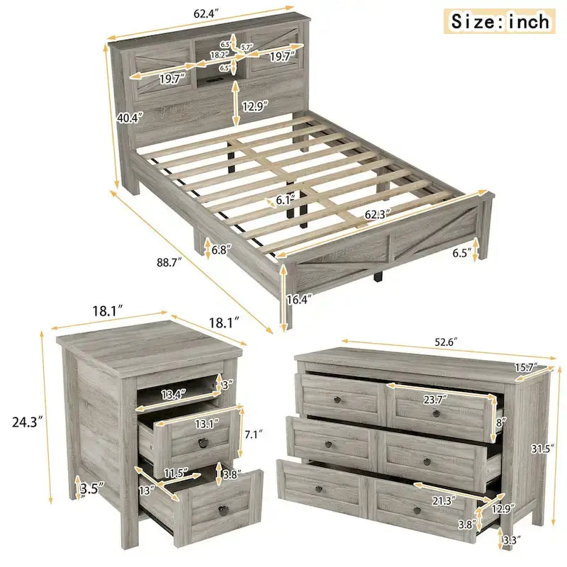 3-Pieces Bedroom Sets Farmhouse Platform Bed with Nightstand and Dresser