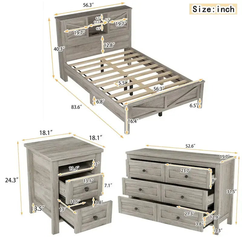 3-Pieces Bedroom Sets Farmhouse Platform Bed with Nightstand and Dresser