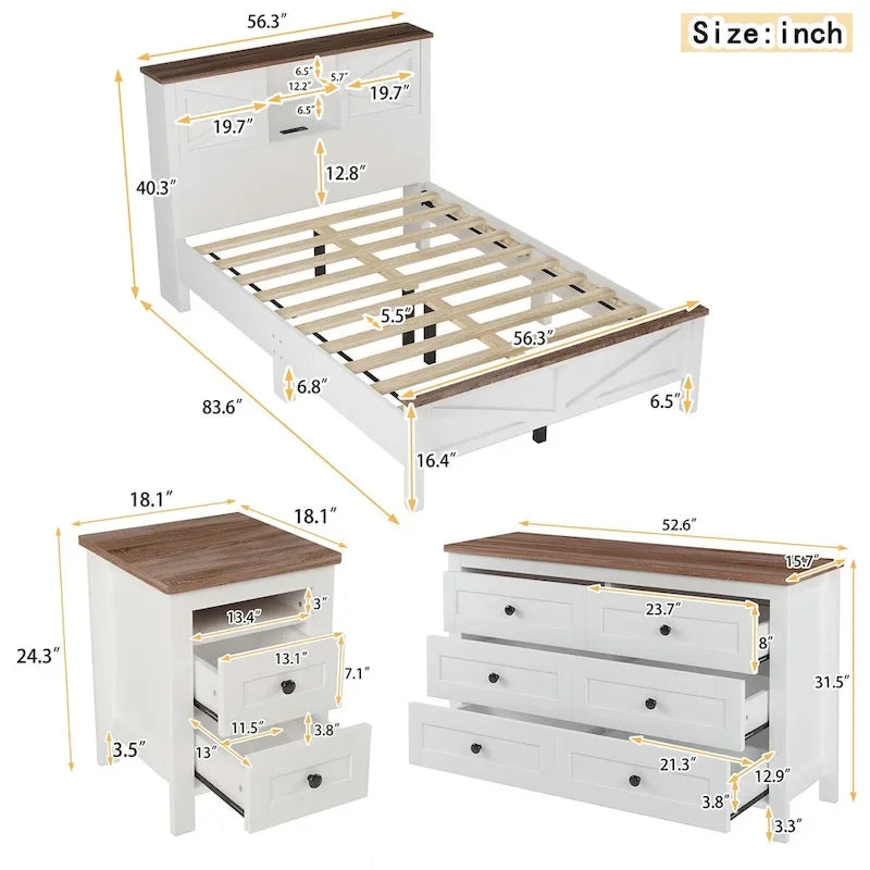 3-Pieces Bedroom Sets Farmhouse Platform Bed with Nightstand and Dresser