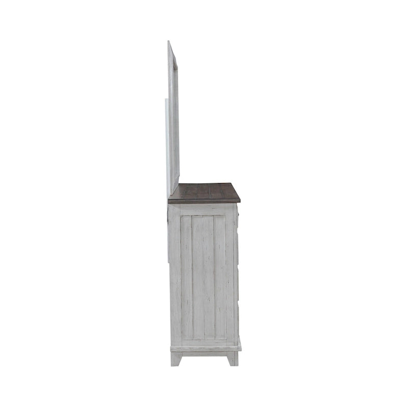 River Place Riverstone White & Tobacco Panel Bed, Dresser, Mirror, and Nightstand Set