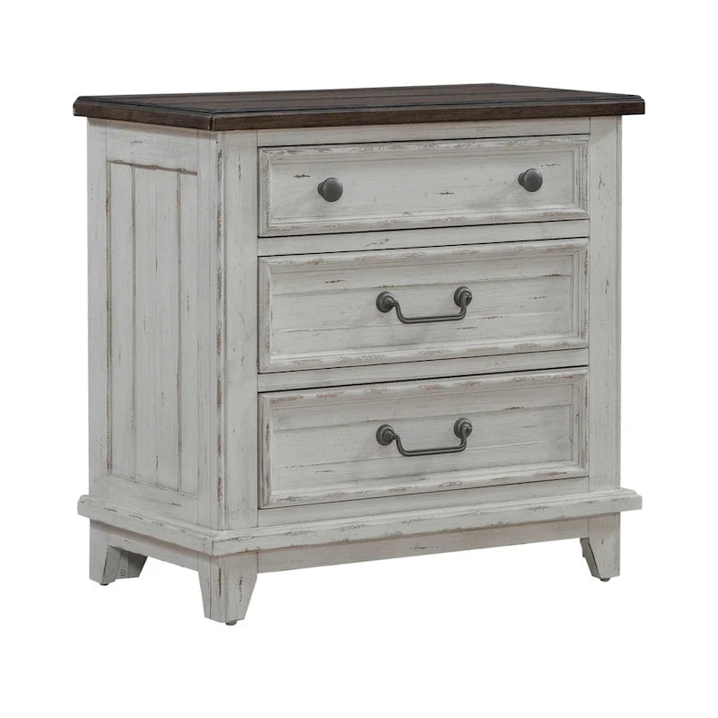 River Place Riverstone White & Tobacco Panel Bed, Dresser, Mirror, and Nightstand Set