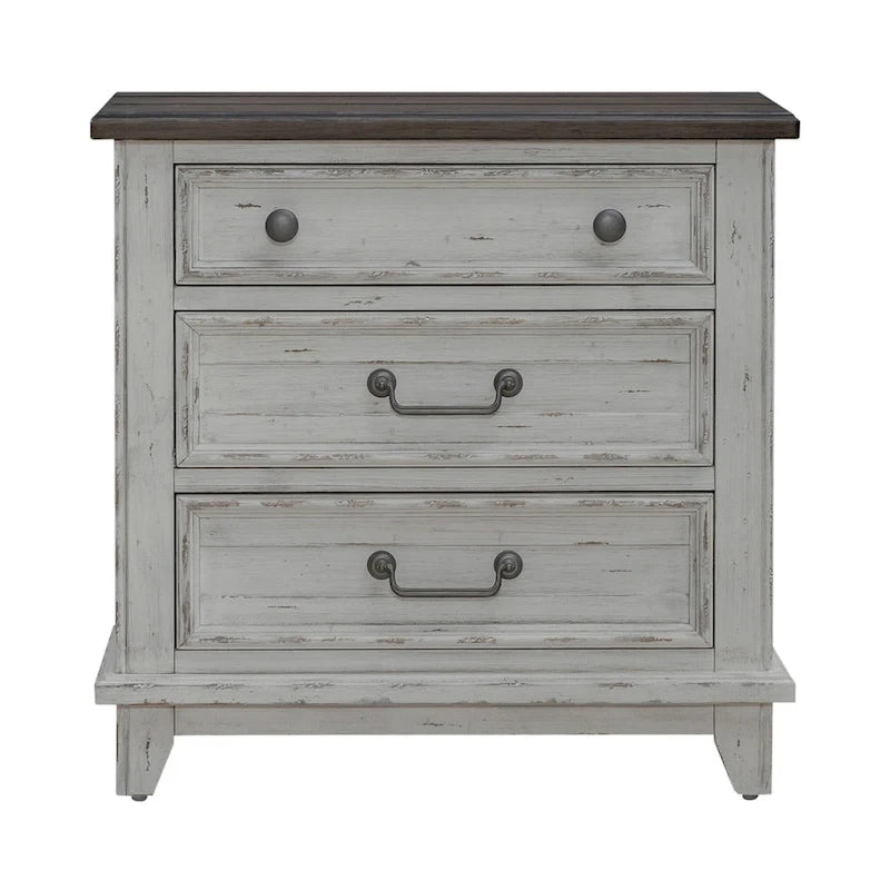River Place Riverstone White & Tobacco Panel Bed, Dresser, Mirror, and Nightstand Set