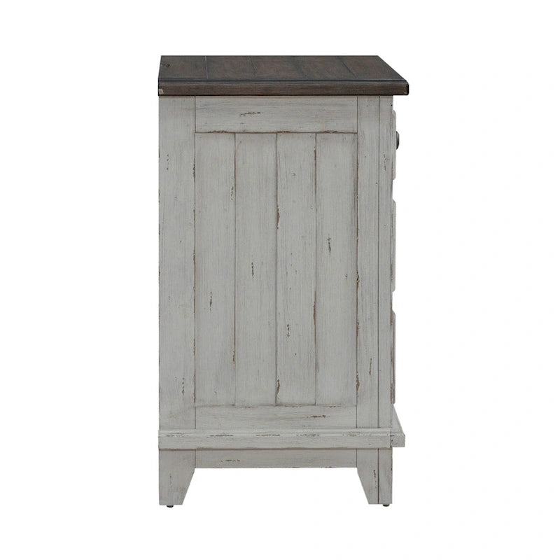 River Place Riverstone White & Tobacco Panel Bed, Dresser, Mirror, and Nightstand Set