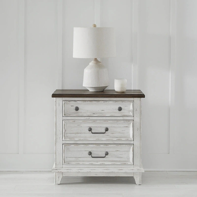 River Place Riverstone White & Tobacco Panel Bed, Dresser, Mirror, and Nightstand Set