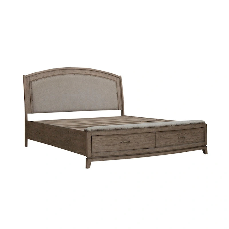 Avalon Burnished Beige Oak King Upholstered Storage Bed Bedroom Set