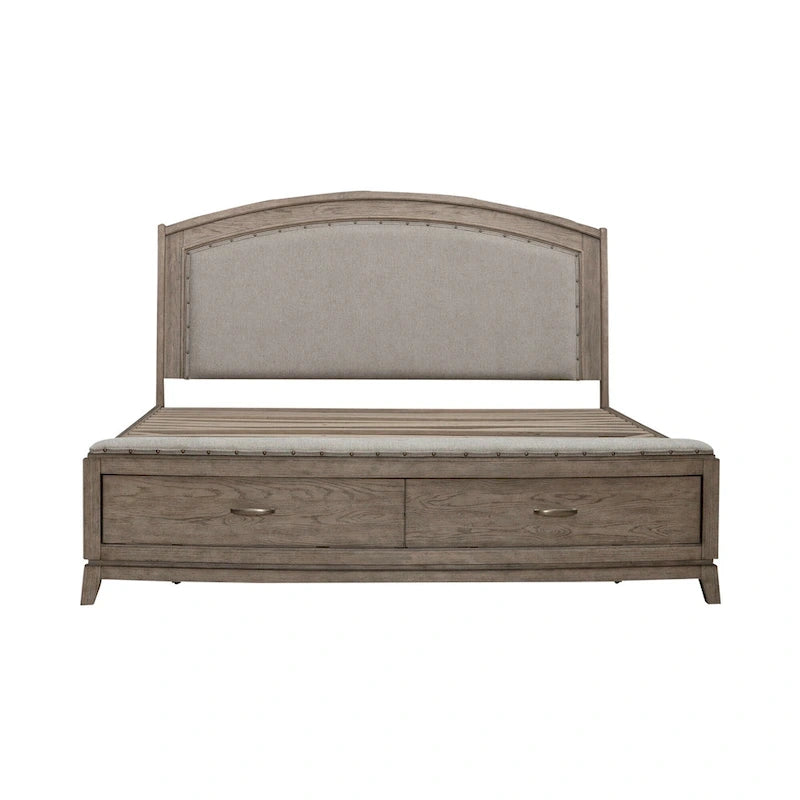 Avalon Burnished Beige Oak King Upholstered Storage Bed Bedroom Set