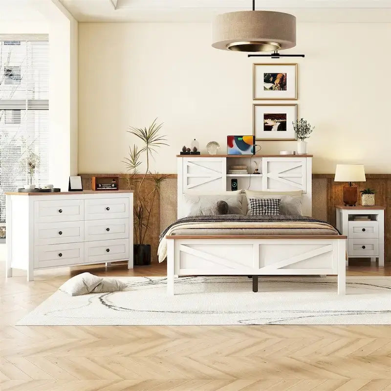 Bedroom Sets Full Size Platform Bed with Charging Station,Nightstand,Dresser(Set of 3)