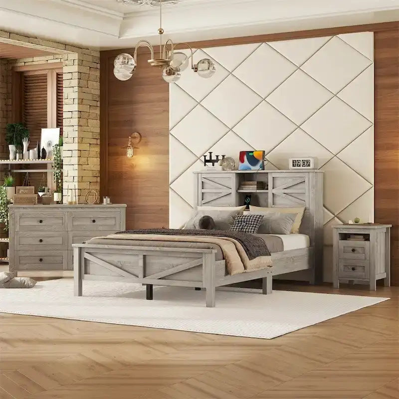Bedroom Sets Full Size Platform Bed with Charging Station,Nightstand,Dresser(Set of 3)