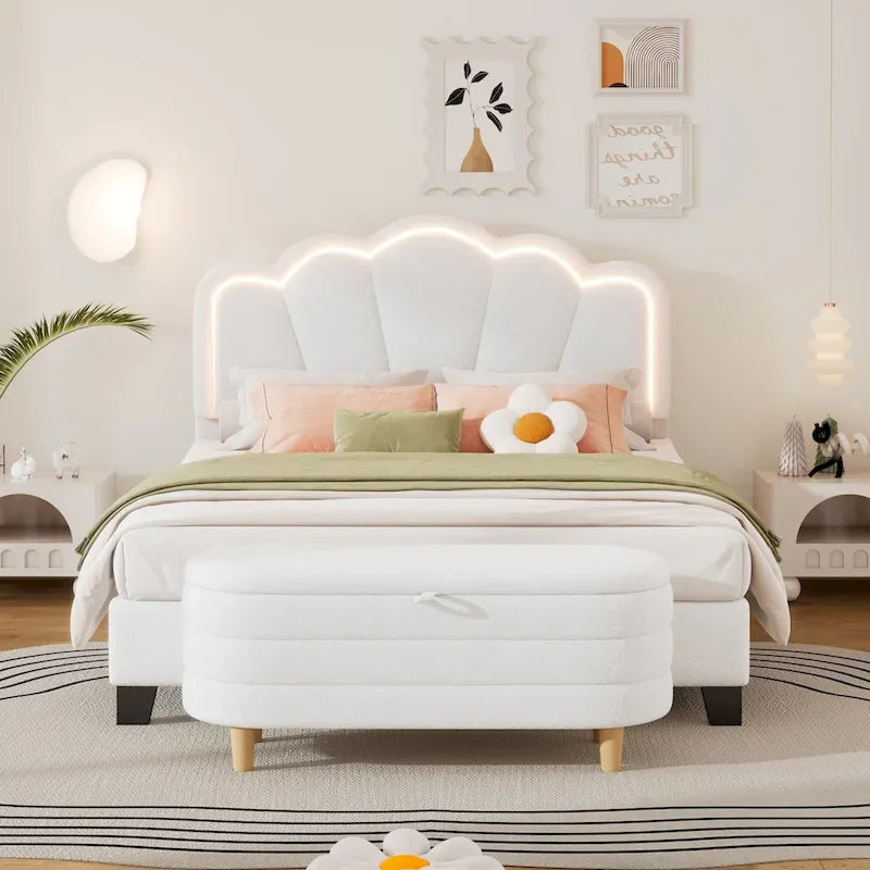 2-Pieces Bedroom Sets Full Size Flower-Shaped Upholstered LED Platform Bed with Storage Ottoman-Sherpa Fabric