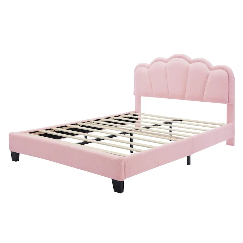 2-Pieces Bedroom Sets Full Size Flower-Shaped Upholstered LED Platform Bed with Storage Ottoman-Sherpa Fabric