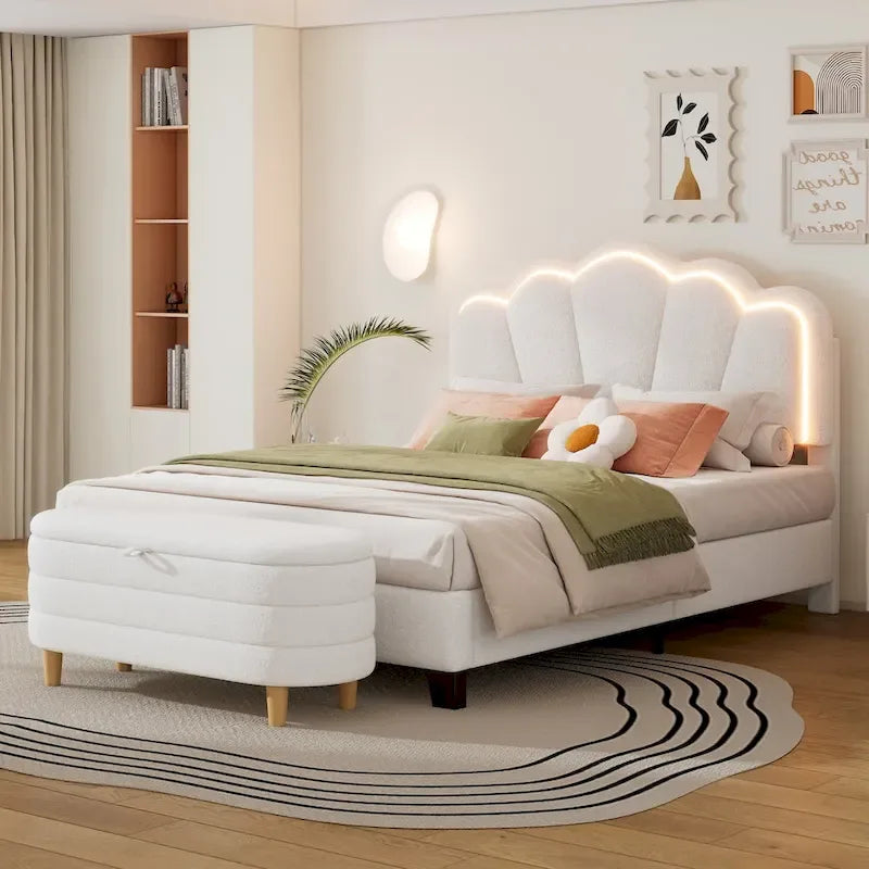 2-Pieces Bedroom Sets Full Size Flower-Shaped Upholstered LED Platform Bed with Storage Ottoman-Sherpa Fabric
