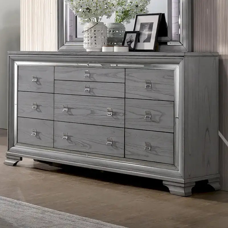 Furniture of America Taia Contemporary Grey 3-Piece Panel Bed, Nightstand and Dresser Set with LED