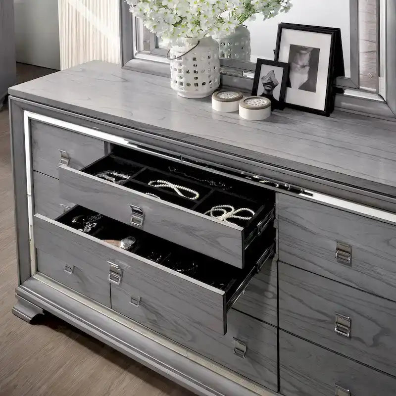 Furniture of America Taia Contemporary Grey 3-Piece Panel Bed, Nightstand and Dresser Set with LED