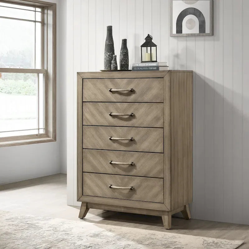 Roundhill Furniture Arena Contemporary Wood Bedroom Set: Panel Bed, Dresser, Mirror, 2 Nightstands, Chest in Antique Gray