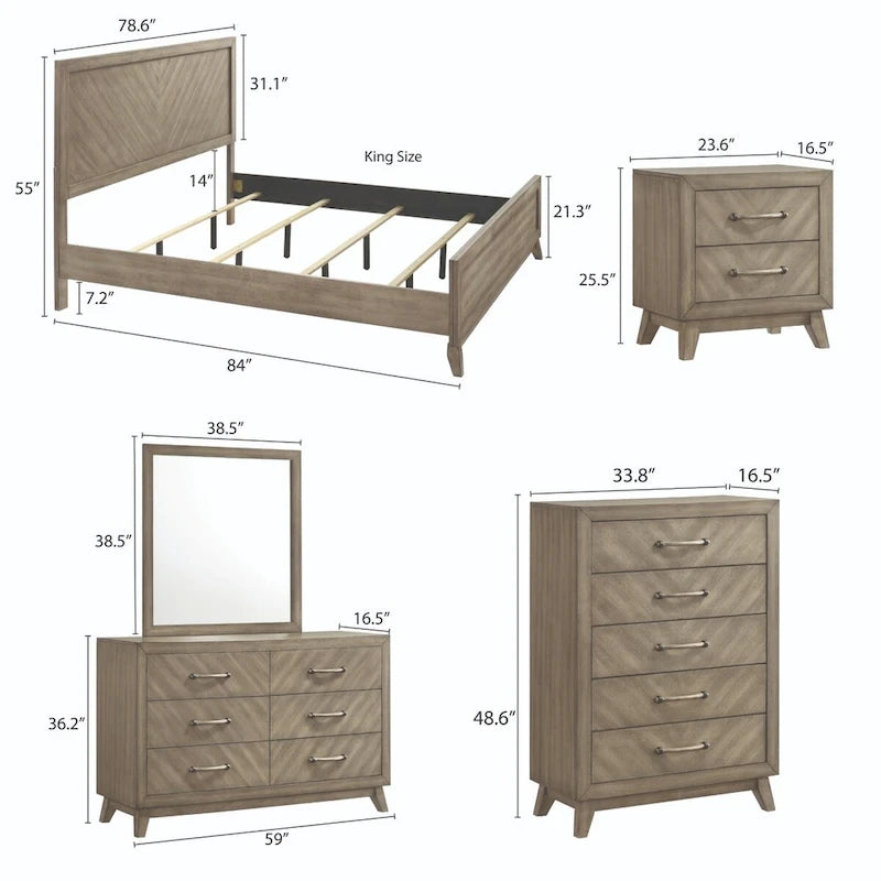 Roundhill Furniture Arena Contemporary Wood Bedroom Set: Panel Bed, Dresser, Mirror, 2 Nightstands, Chest in Antique Gray