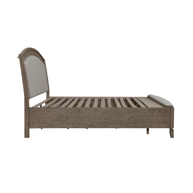 Avalon Burnished Beige Oak Upholstered Storage Bed with Dresser, Mirror, Chest Bedroom Set - King, Queen