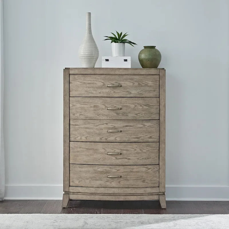 Avalon Burnished Beige Oak Upholstered Storage Bed with Dresser, Mirror, Chest Bedroom Set - King, Queen