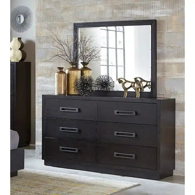Charcoal Finish 6pc Master Bedroom Set Bed 2x Nightstands Dresser Mirror Chest