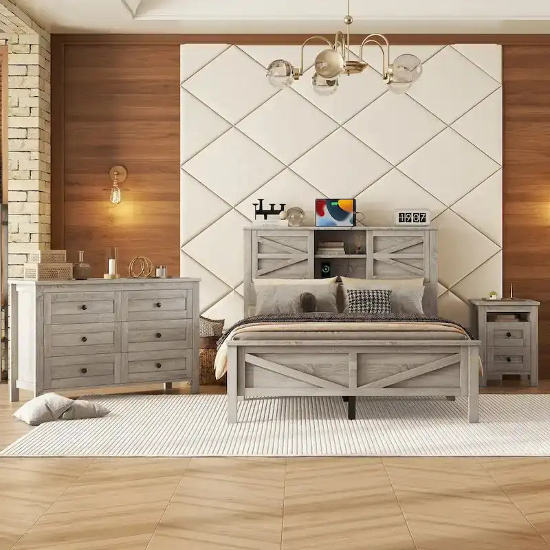 3-Pieces Bedroom Sets Queen Size Platform Bed with Storage Nightstand and Dresser