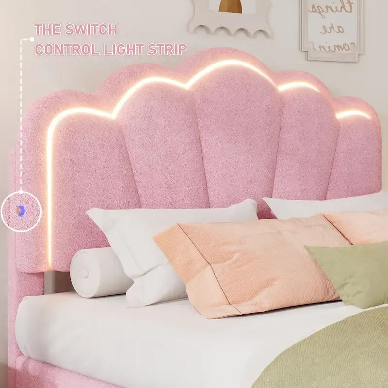 2-Pieces Bedroom Sets Full/Twin Size Flower-Shaped Upholstered LED Platform Bed with Storage Ottoman-Sherpa Fabric