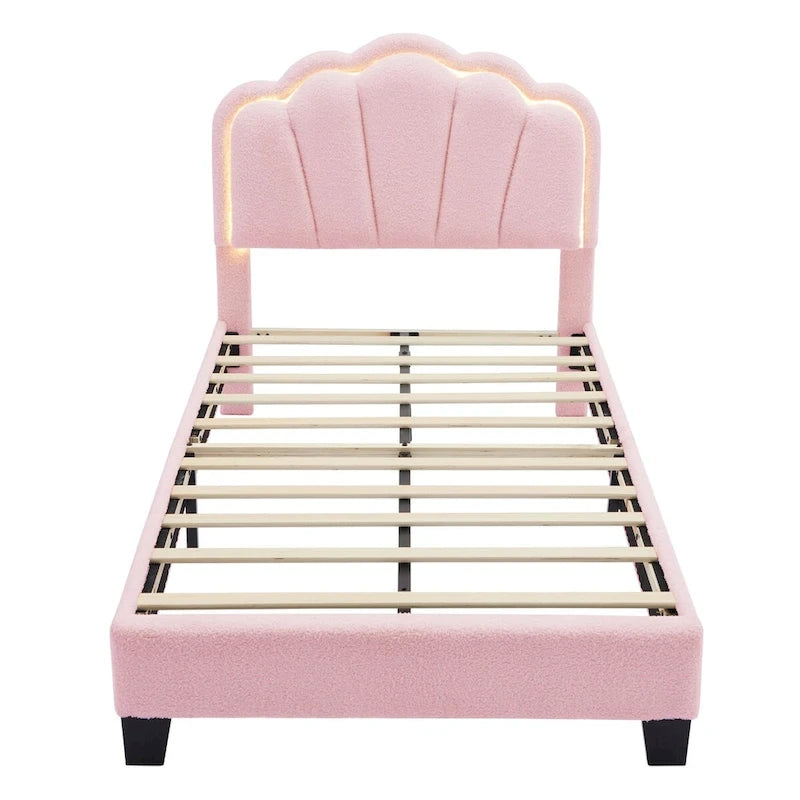 2-Pieces Bedroom Sets Full/Twin Size Flower-Shaped Upholstered LED Platform Bed with Storage Ottoman-Sherpa Fabric
