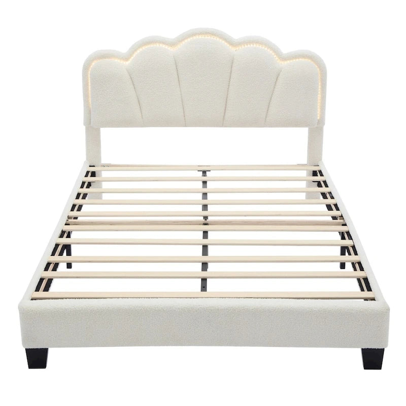 2-Pieces Bedroom Sets Full/Twin Size Flower-Shaped Upholstered LED Platform Bed with Storage Ottoman-Sherpa Fabric