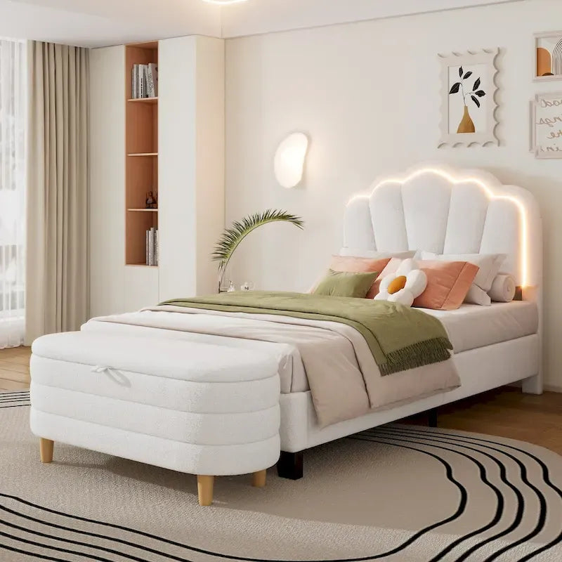 2-Pieces Bedroom Sets Full/Twin Size Flower-Shaped Upholstered LED Platform Bed with Storage Ottoman-Sherpa Fabric