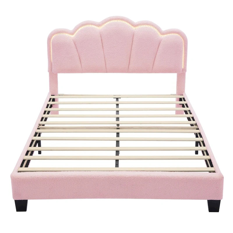 2-Pieces Bedroom Sets Full/Twin Size Flower-Shaped Upholstered LED Platform Bed with Storage Ottoman-Sherpa Fabric