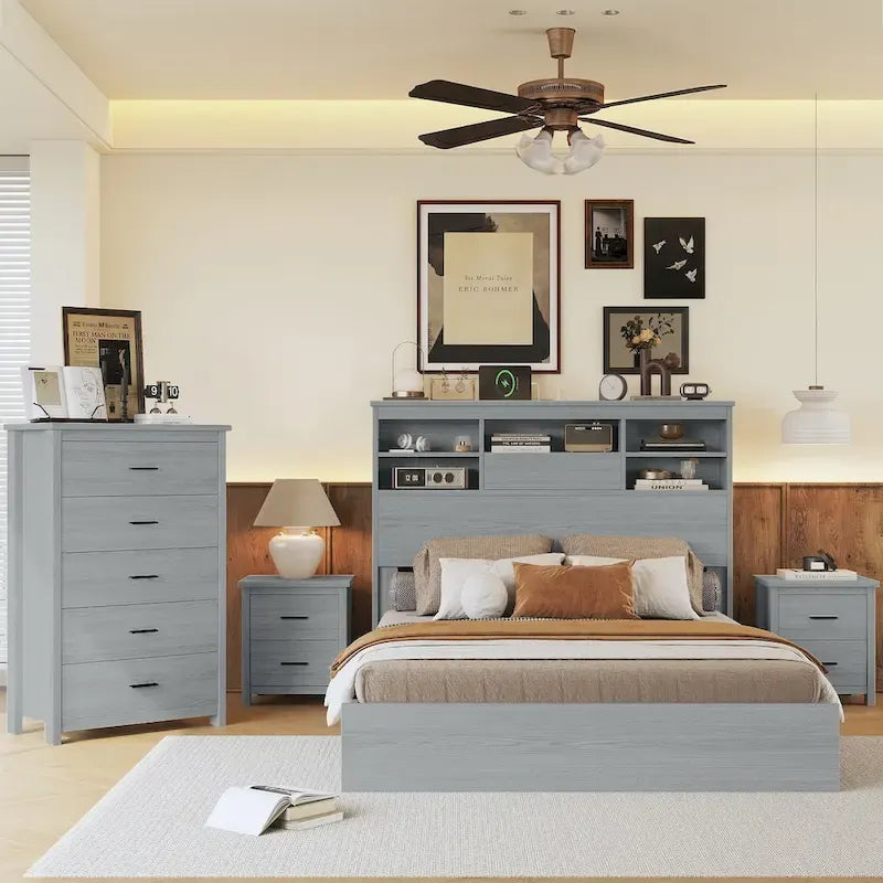 4-Pieces Bedroom Sets Queen Size Vintage Wooden Bed Frame with 2 Nightstands and 1 Dresser