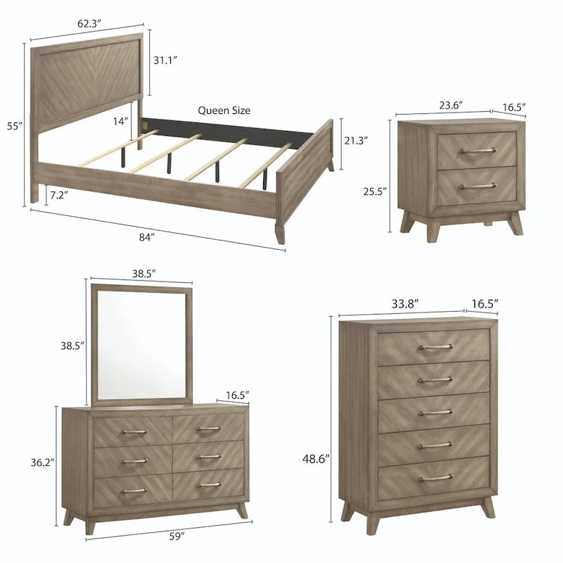 Roundhill Furniture Arena Contemporary Wood Bedroom Set: Panel Bed, Dresser, Mirror, Nightstand, Chest in Antique Gray