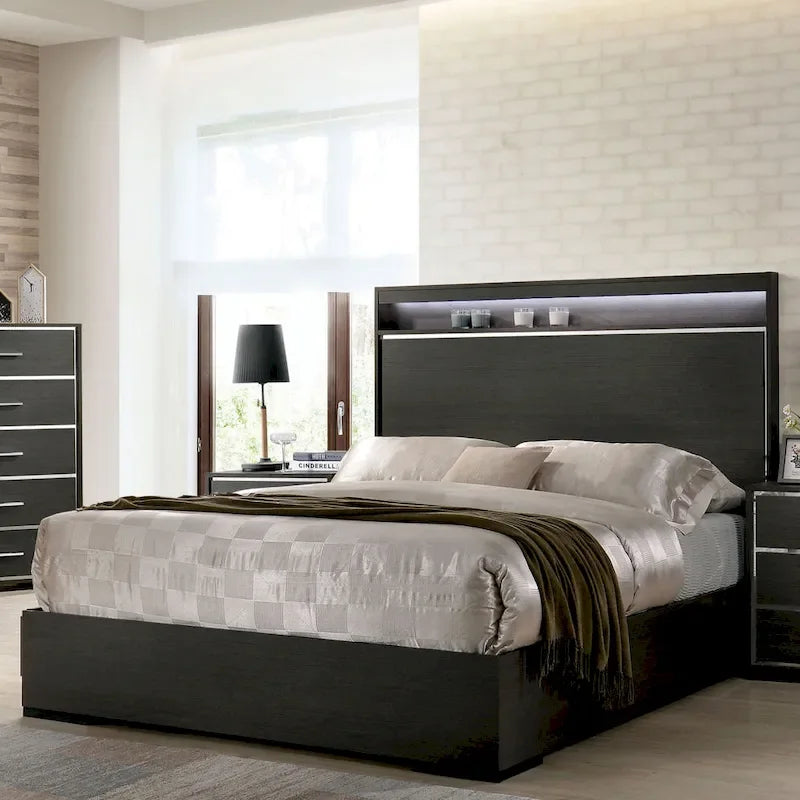 Furniture of America Kastela Contemporary Grey 3-Piece Panel Bed, Nightstand and Dresser Set with LED and USB Ports