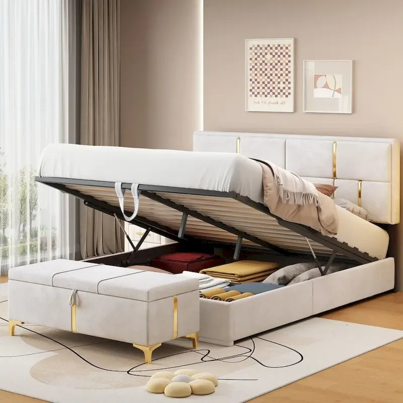 Queen Size Upholstered Platform Bed with Storage Ottoman 2-Pieces Bedroom Sets