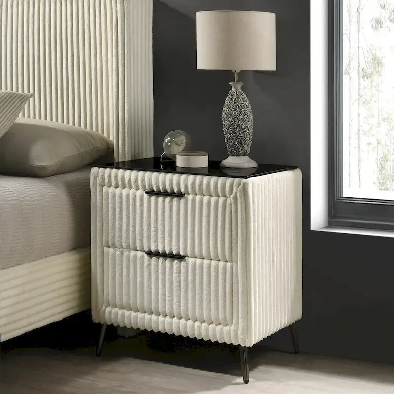 Roundhill Furniture Mavela Wide Wale Corduroy Upholstery Panel Bed with 2 Nightstands and Bench, Cream