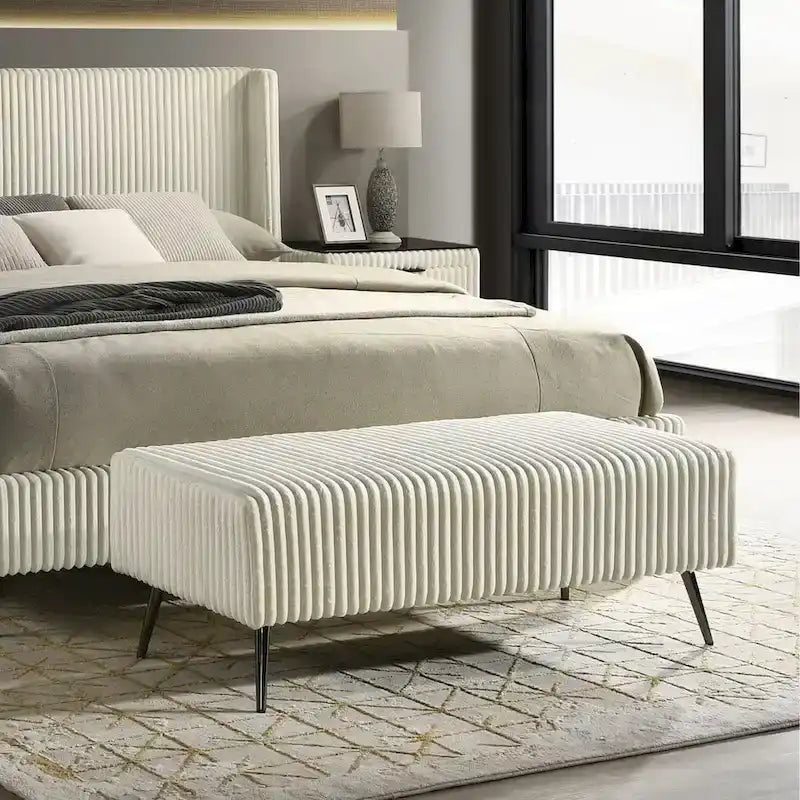 Roundhill Furniture Mavela Wide Wale Corduroy Upholstery Panel Bed with 2 Nightstands and Bench, Cream