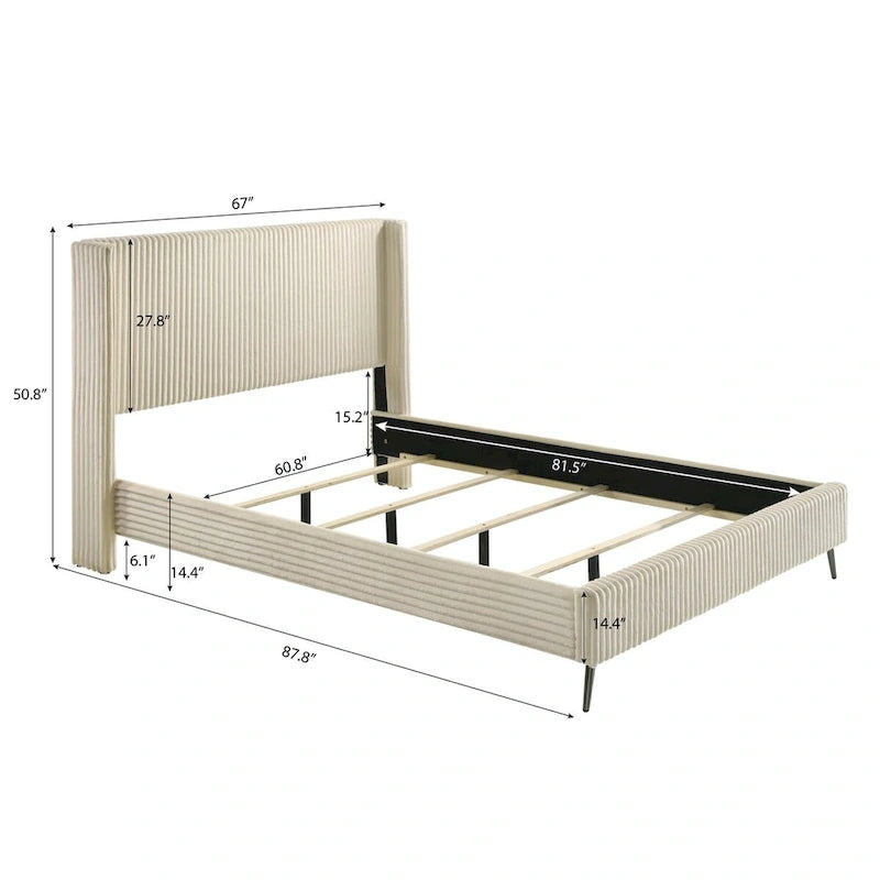 Roundhill Furniture Mavela Wide Wale Corduroy Upholstery Panel Bed with 2 Nightstands and Bench, Cream