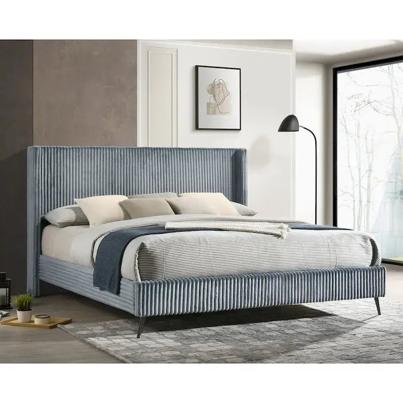 Roundhill Furniture Mavela Wide Wale Corduroy Upholstery Panel Bed with 2 Nightstands and Bench, Blue