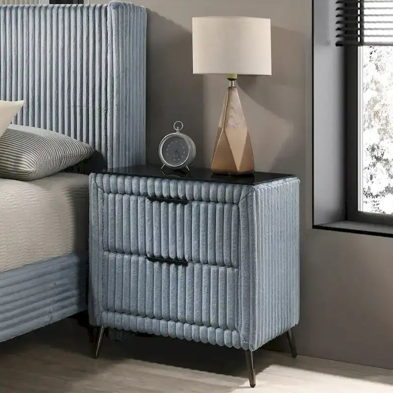 Roundhill Furniture Mavela Wide Wale Corduroy Upholstery Panel Bed with 2 Nightstands and Bench, Blue