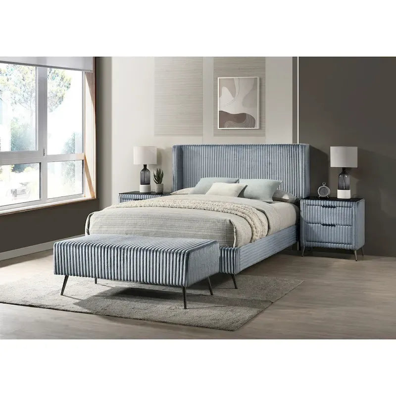 Roundhill Furniture Mavela Wide Wale Corduroy Upholstery Panel Bed with 2 Nightstands and Bench, Blue