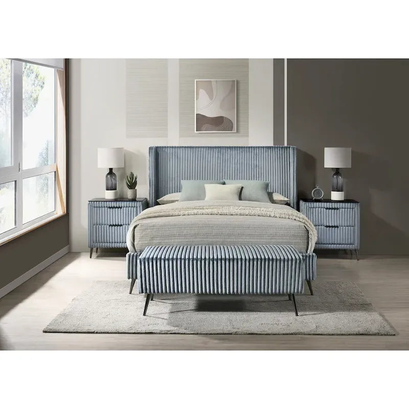 Roundhill Furniture Mavela Wide Wale Corduroy Upholstery Panel Bed with 2 Nightstands and Bench, Blue