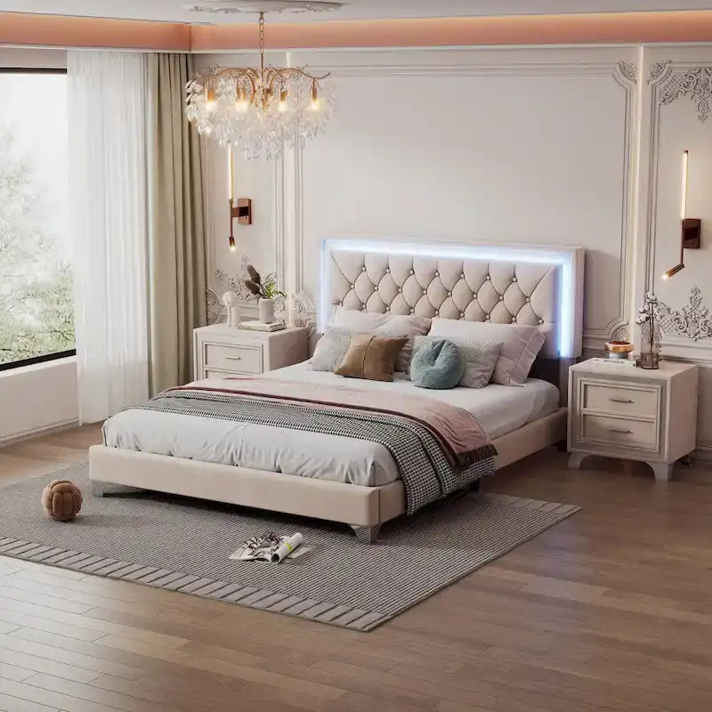 3-Pieces Bedroom Sets with Queen Size Upholstered Platform Bed and Two Nightstands