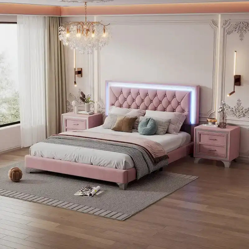 3-Pieces Bedroom Sets with Queen Size Upholstered Platform Bed and Two Nightstands